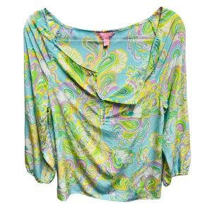 Lilly Pulitzer 100% Silk Sarabeth Double Trouble Shorely Blue Coral Reef